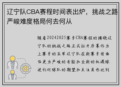 辽宁队CBA赛程时间表出炉，挑战之路严峻难度格局何去何从